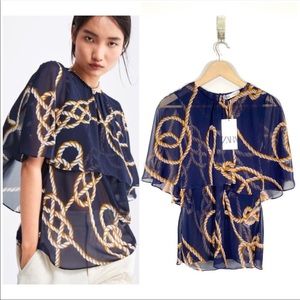 Zara nautical rope navy cape sheer blouse